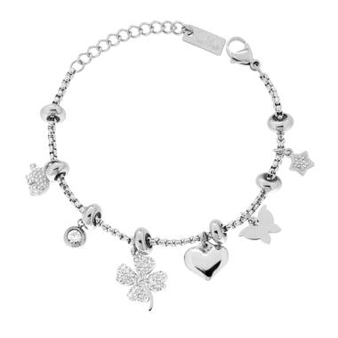 Bracciale Catena Veneziana Tonda con Cuore Bombato e Charms portafortuna e Crystal Bianchi in ACCIAIO