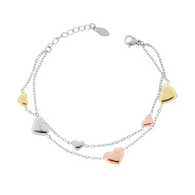 Bracciale due fili Catena Forzatina con Cuori bombati in ACCIAIO colore Rosa e Oro