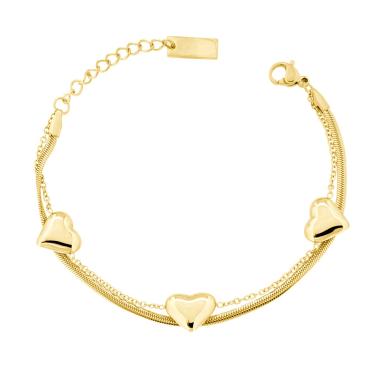 Bracciale due fili Catena Magik e Forzatina con Cuori Bombati in ACCIAIO colore Oro