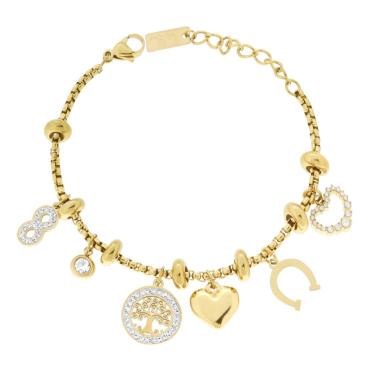 Bracciale Catena Veneziana tonda con Charms Portafortuna e Crystal Bianchi in ACCIAIO colore Oro