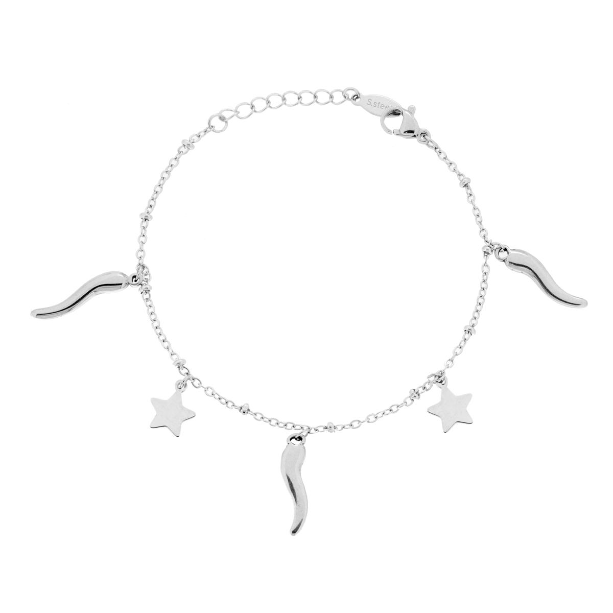 Bracciale Catena Forzatina con Stelle plain e Corni portafortuna in ACCIAIO