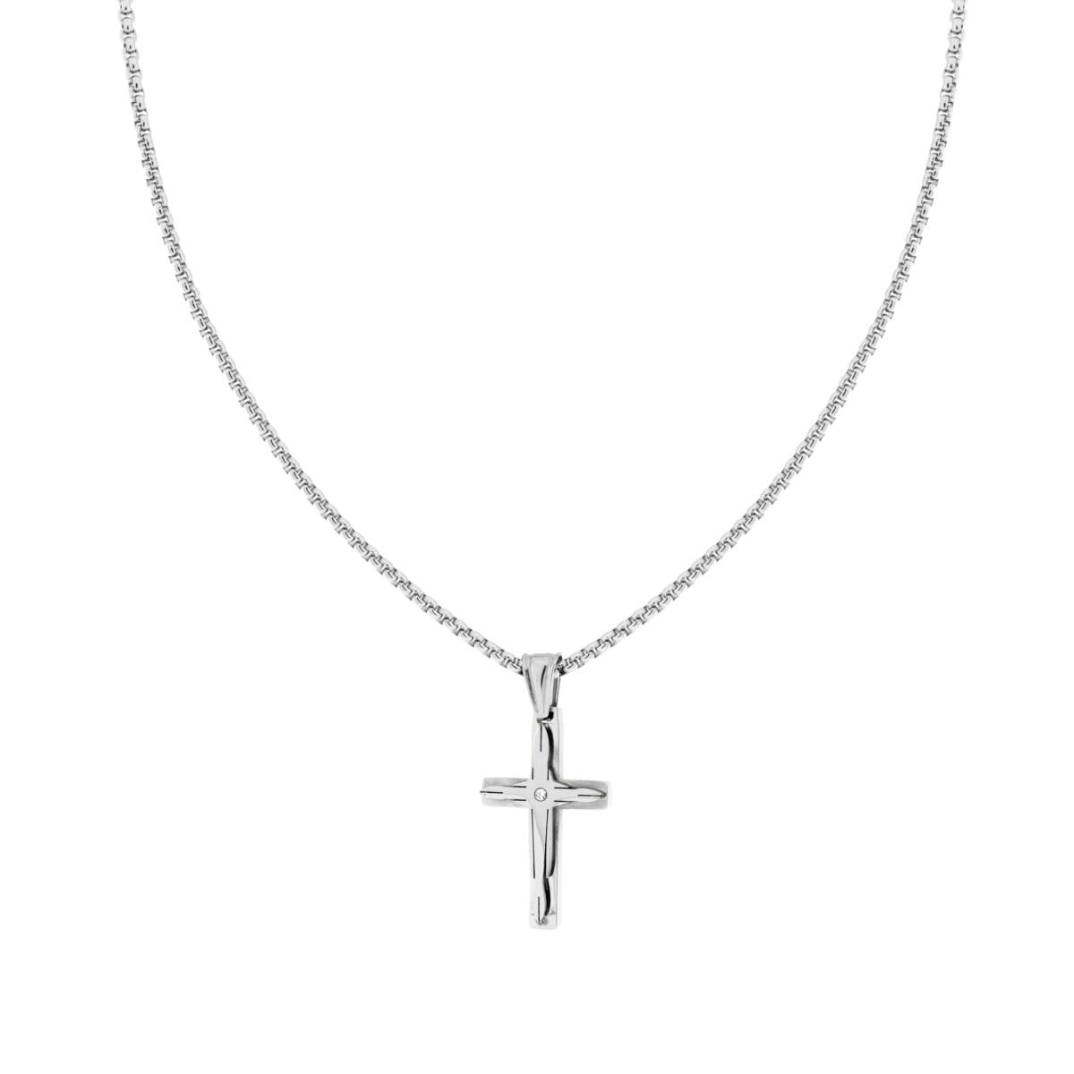 Collana Catena Veneziana Tonda con Croce e Crystal Bianco in ACCIAIO