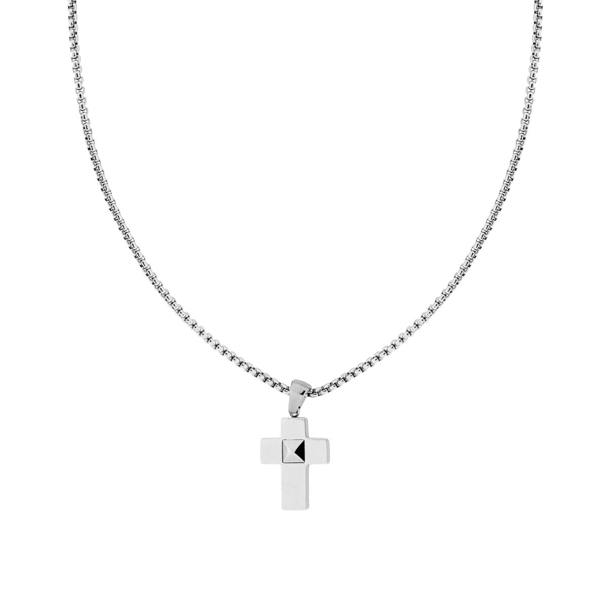 Collana Catena Veneziana Tonda con Croce Bugnata in ACCIAIO<br />