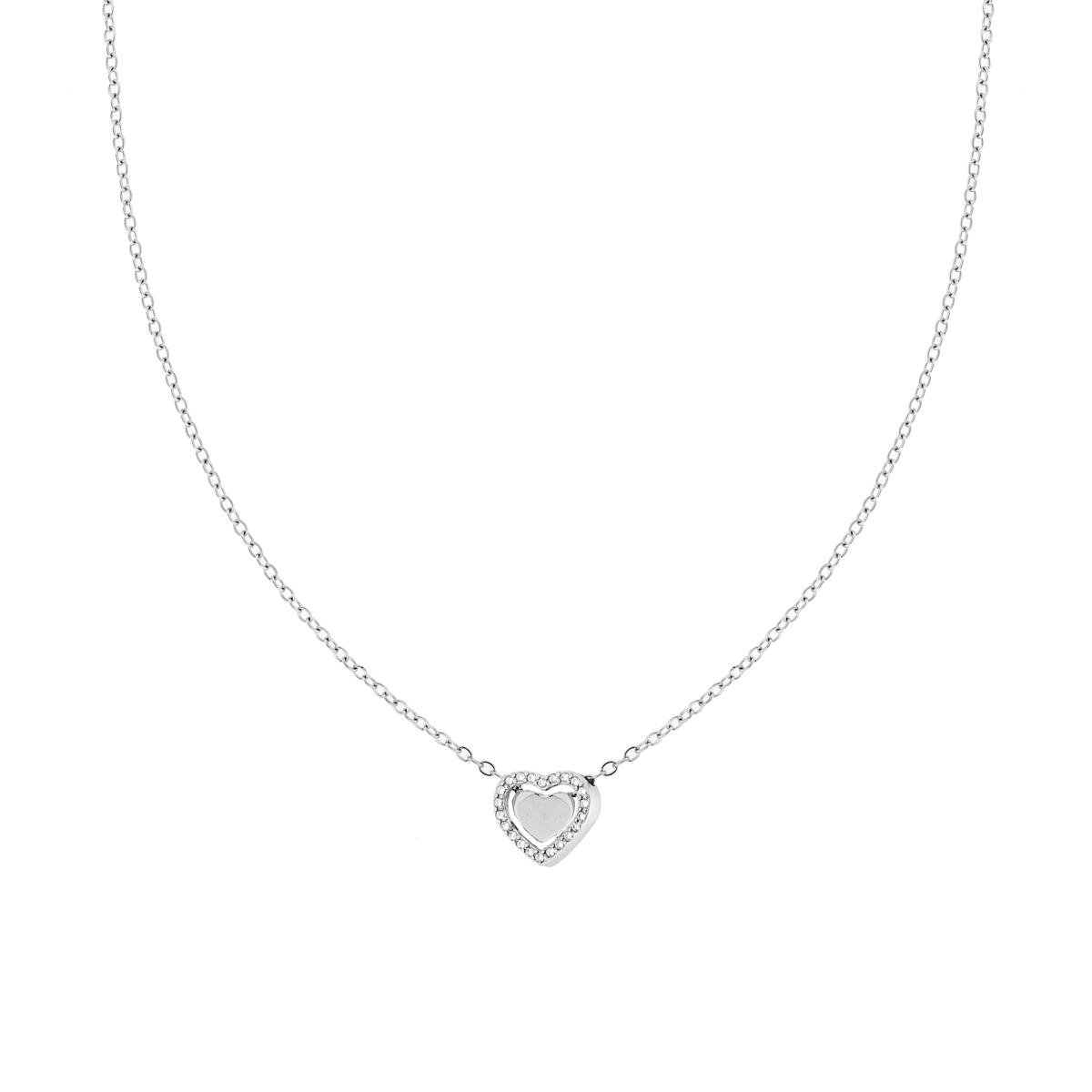 Collana Catena Forzatina Diamantata con doppio Cuore e Crystal Bianchi in ACCIAIO