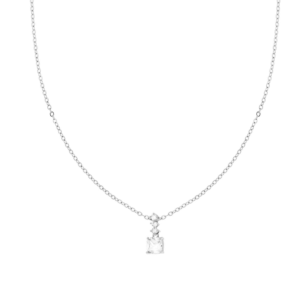 Collana Catena Forzatina Diamantata con Punto Luce Quadrato Cushion e Crystal Bianchi in ACCIAIO e OTTONE