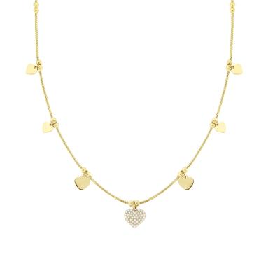 Collana Catena Coda di Topo con Cuori plain e Cuore Crystal Bianchi in ACCIAIO colore Oro