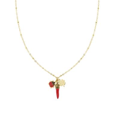 Collana Catena Forzatina Diamantata con Corno Coccinella smalto Rosso e Quadrifoglio plain portafortuna in ACCIAIO e OTTONE colore Oro