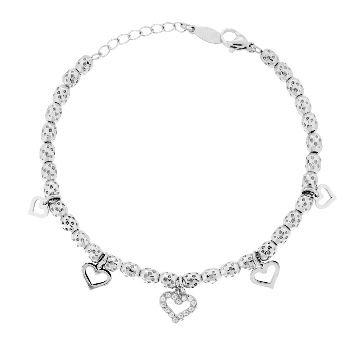 Bracciale Catena Ovali Martellati con Cuori Charms e Cristal Bianchi in ACCIAIO