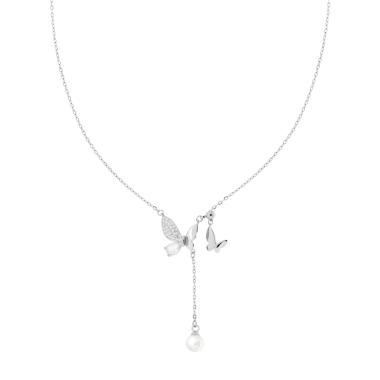 Collana Asimmetrica Catena Forzatina Diamantata con Farfalle Crystal Bianchi e Perla pendente in ACCIAIO e OTTONE