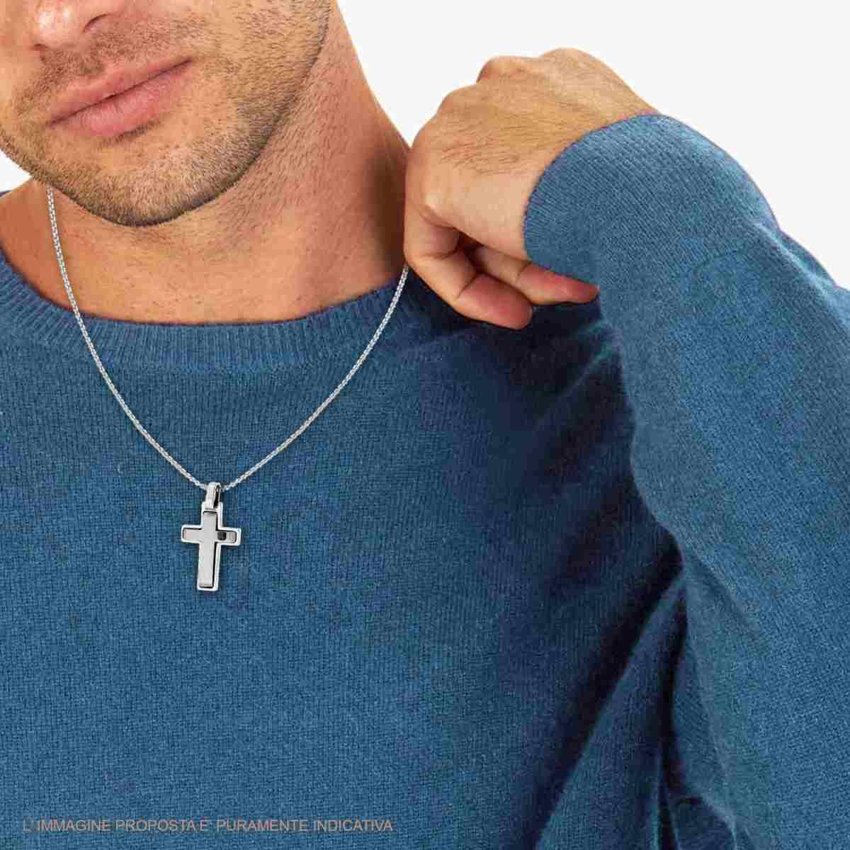 Collana Catena Veneziana Tonda con Croce e Crystal Nero in ACCIAIO