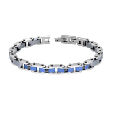 Bracciale Uomo Catena Imperniata Satinata colore Blu con Ceramica Grigio Antracite e Crystal Neri Carre in ACCIAIO