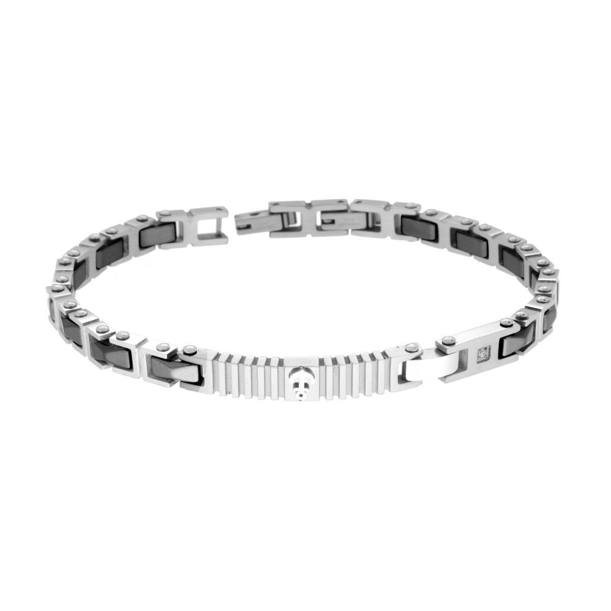 Bracciale Uomo Catena Imperniata con Ceramica color Antracite e Targa con Crystal Bianco e Ancora in ACCIAIO