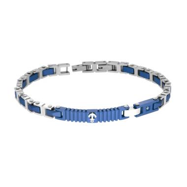 Bracciale Uomo Catena Imperniata con Ceramica e Targa colore Blu con Crystal Bianco e Ancora in ACCIAIO