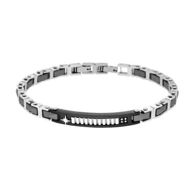 Bracciale Uomo Catena Imperniata con Ceramica Grigio Antracite e Targa colore Nero con Crystal Bianchi e Rosa dei Venti in ACCIAIO