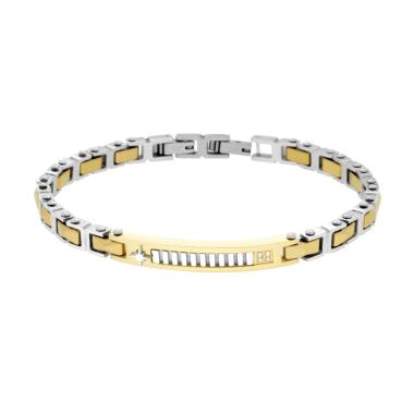 Bracciale Uomo Catena Imperniata con Ceramica e Targa colore Oro con Crystal Bianchi e Rosa dei Venti in ACCIAIO