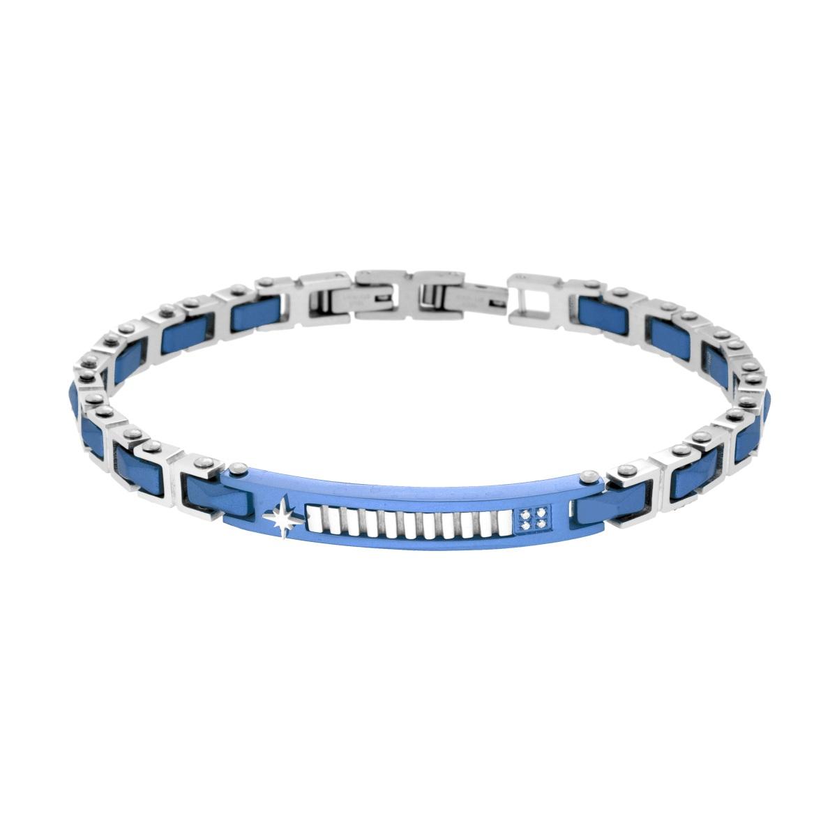 Bracciale Uomo Catena Imperniata con Ceramica e Targa colore Blu con Crystal Bianchi e Rosa dei Venti in ACCIAIO