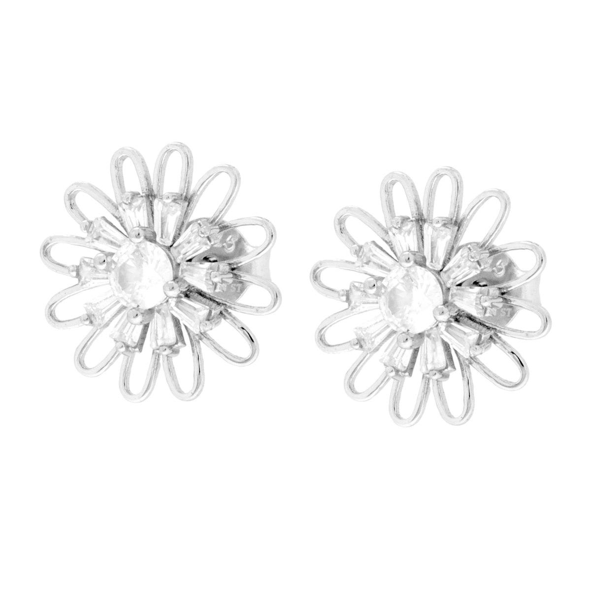 Orecchini Fiore con Cubic Zirconia Bianchi Trapezio in ARGENTO 925 Galvanica Rodio