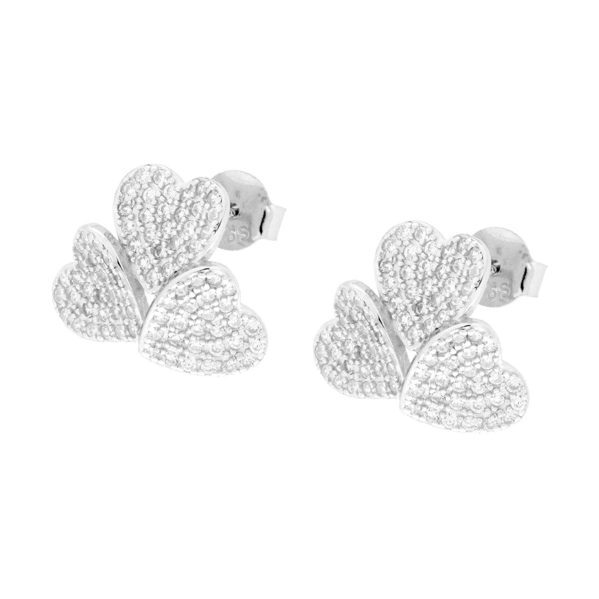 Orecchini Tre Cuori con Cubic Zirconia Bianchi in ARGENTO 925 Galvanica Rodio