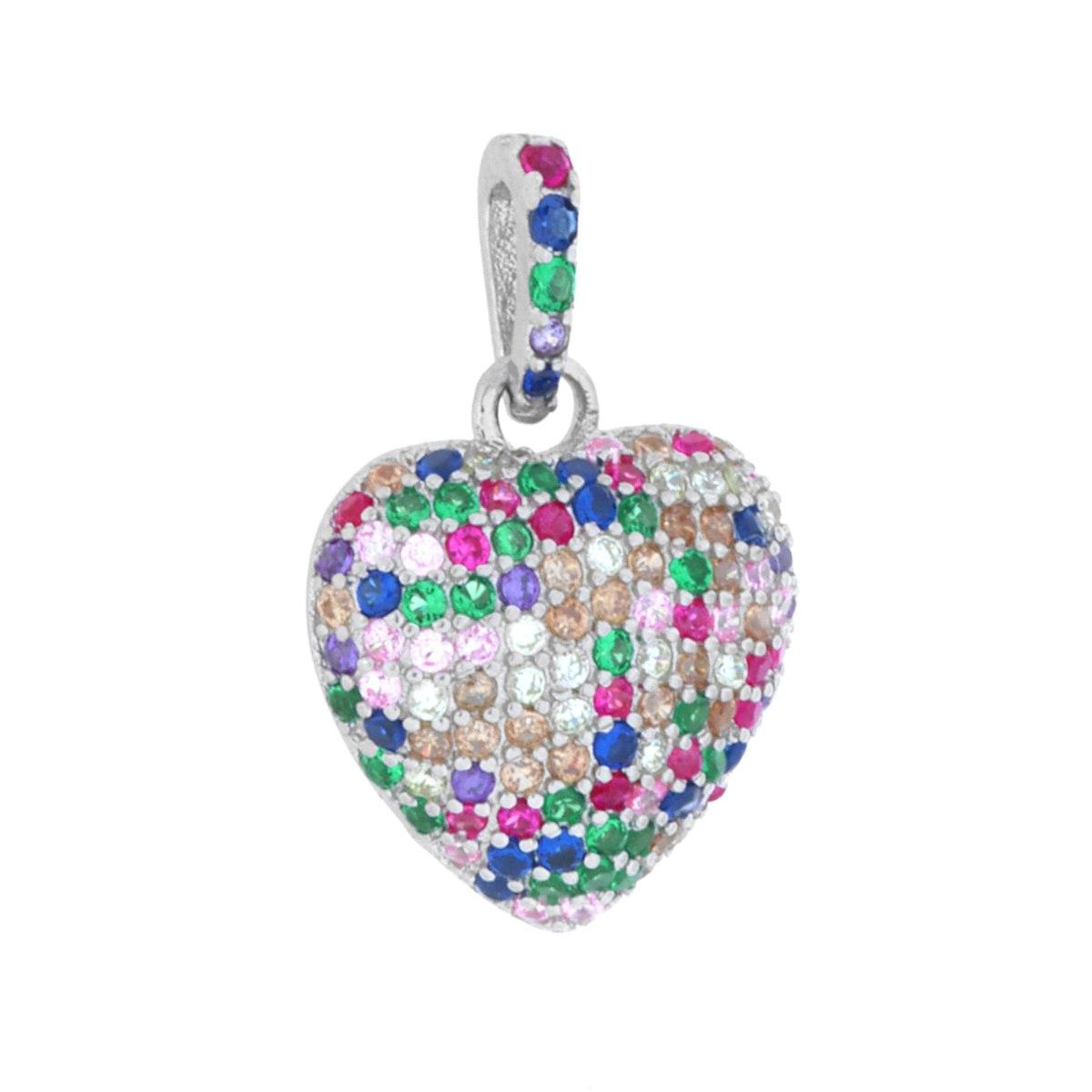 Ciondolo Cuore Bombato con Cubic Zirconia Multicolor in ARGENTO 925 Galvanica Rodio