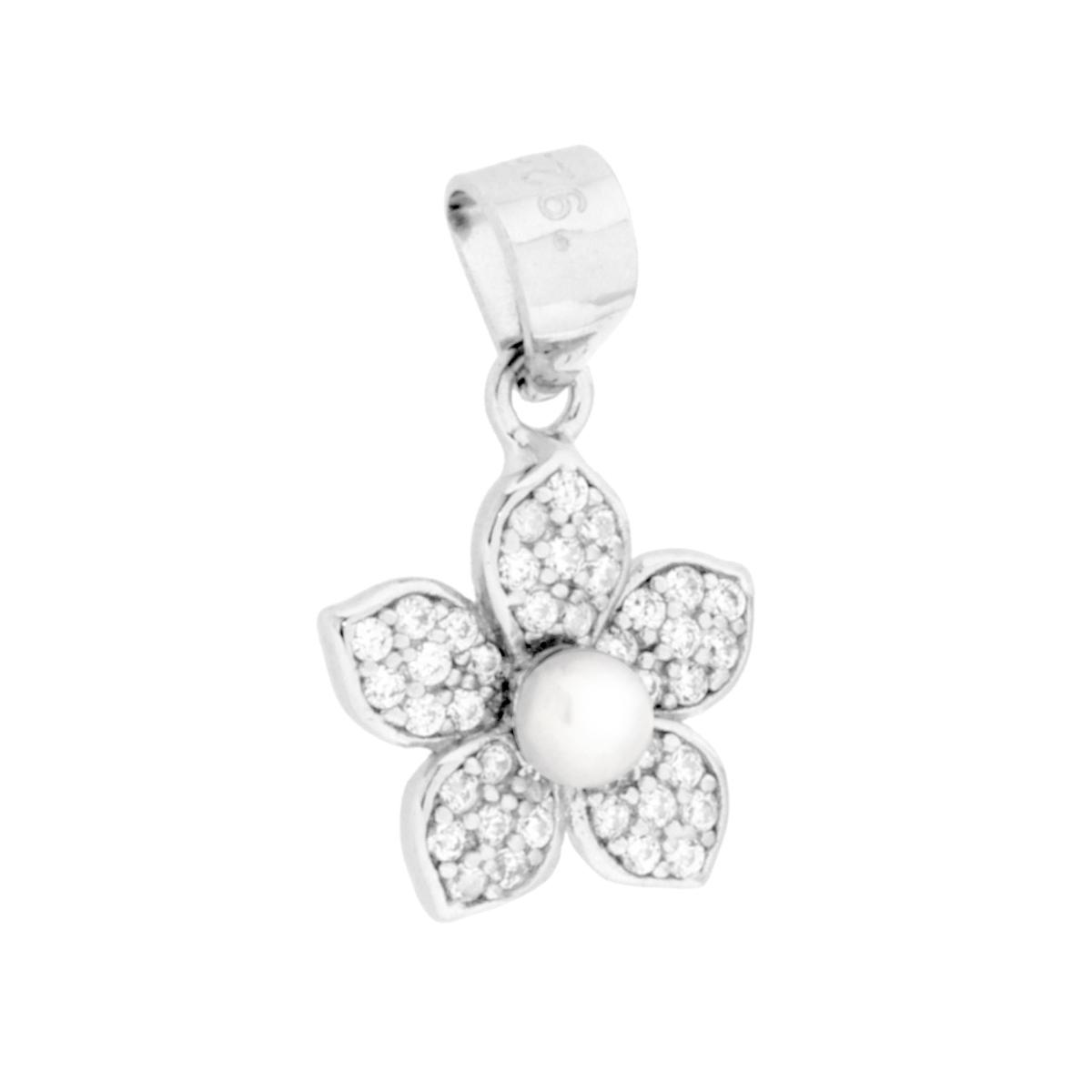 Ciondolo Fiore con Cubic Zirconia Bianchi e Perla in ARGENTO 925 Galvanica Rodio