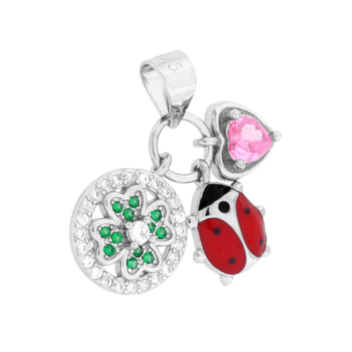 Ciondolo Tris con Quadrifoglio Coccinella Smalto Rosso e Cuore Rosa portafortuna con Cubic Zirconia Verde Smeraldo e Bianchi in ARGENTO 925 Galvanica Rodio