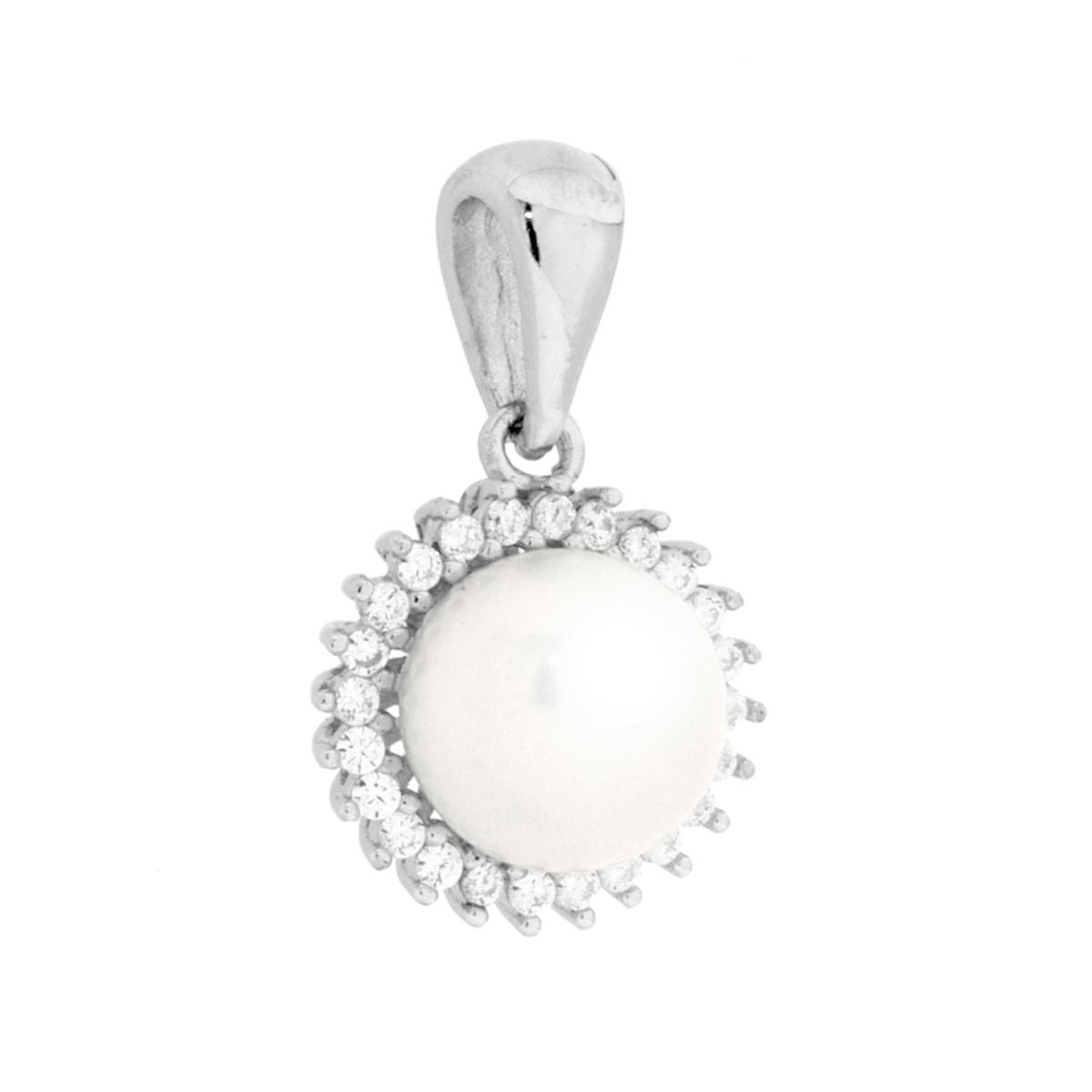 Ciondolo Perla contornata con Cubic Zirconia Bianchi in ARGENTO 925 Galvanica Rodio