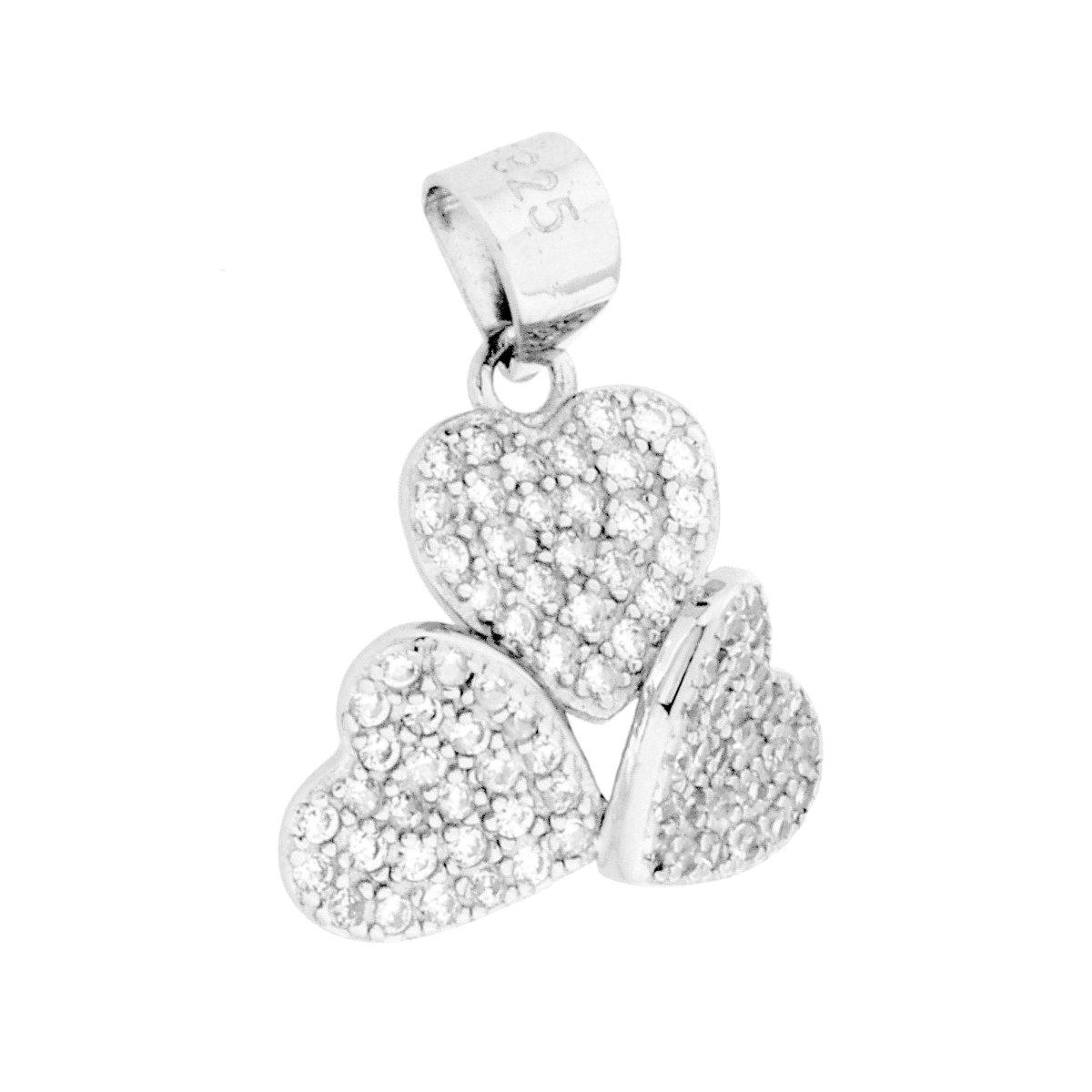 Ciondolo tre Cuori con Cubic Zirconia Bianchi in ARGENTO 925 Galvanica Rodio