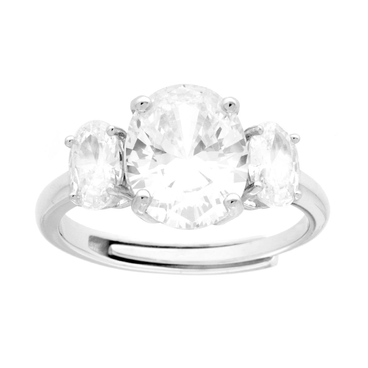 Anello Trilogy con Cubic Zirconia Bianchi Ovali in ARGENTO 925 Galvanica Rodio