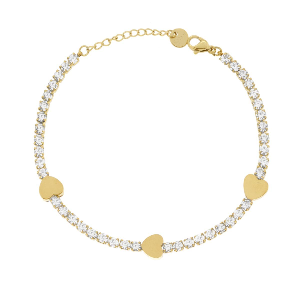 Bracciale Tennis con Cuori e Crystal Bianchi in ACCIAIO colore Oro