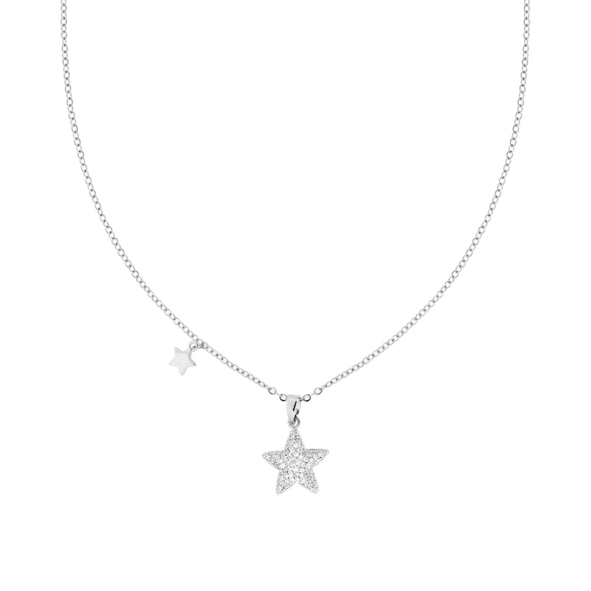 Collana Asimmetrica Catena Forzatina Diamantata con Stella e Crystal Bianchi in ACCIAIO