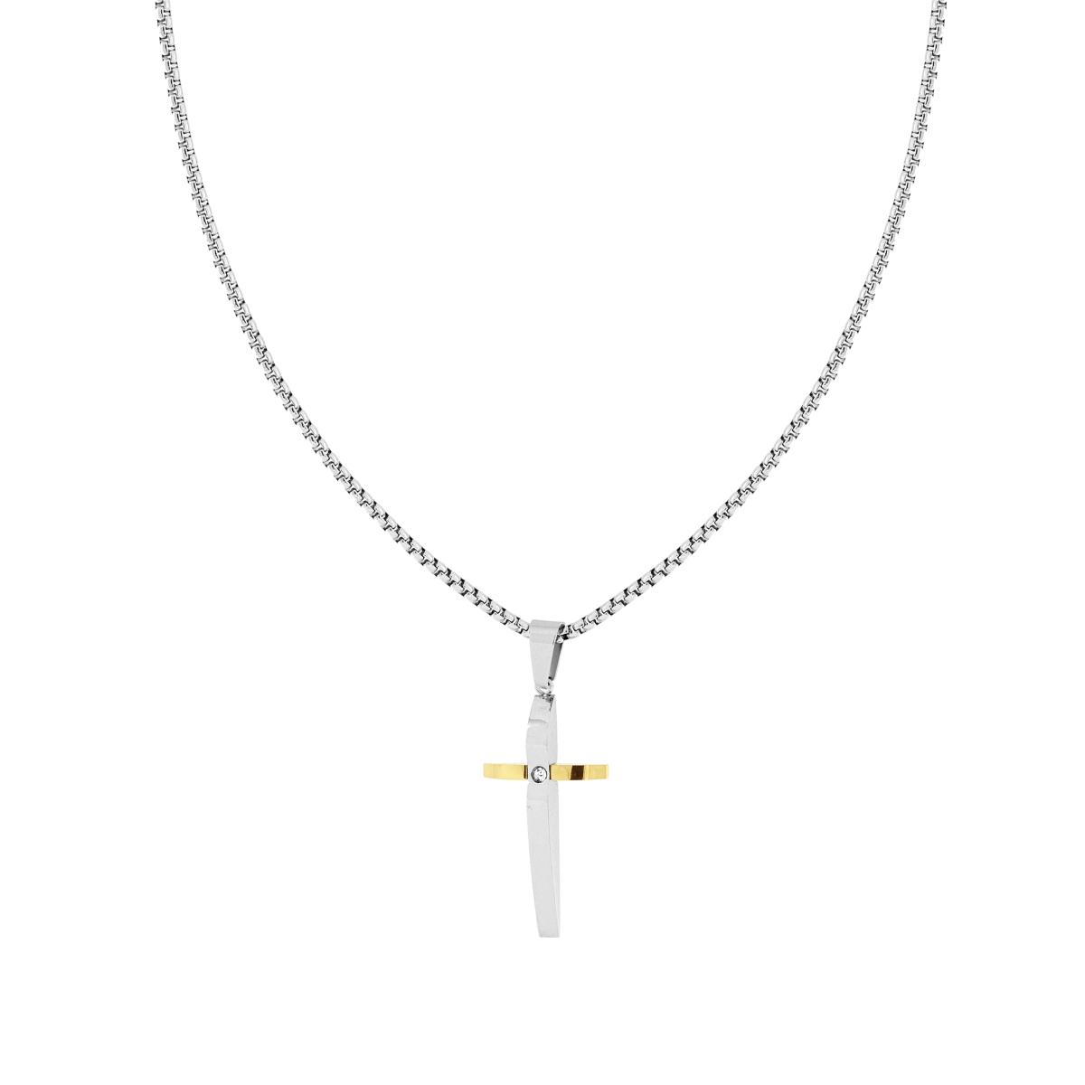Collana Catena Veneziana Tonda con Croce colore Oro e Crystal Bianco in ACCIAIO