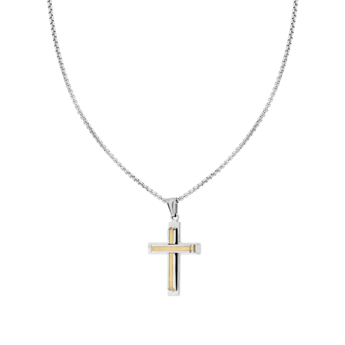 Collana Catena Veneziana Tonda con Croce con Inserto color Oro in ACCIAIO