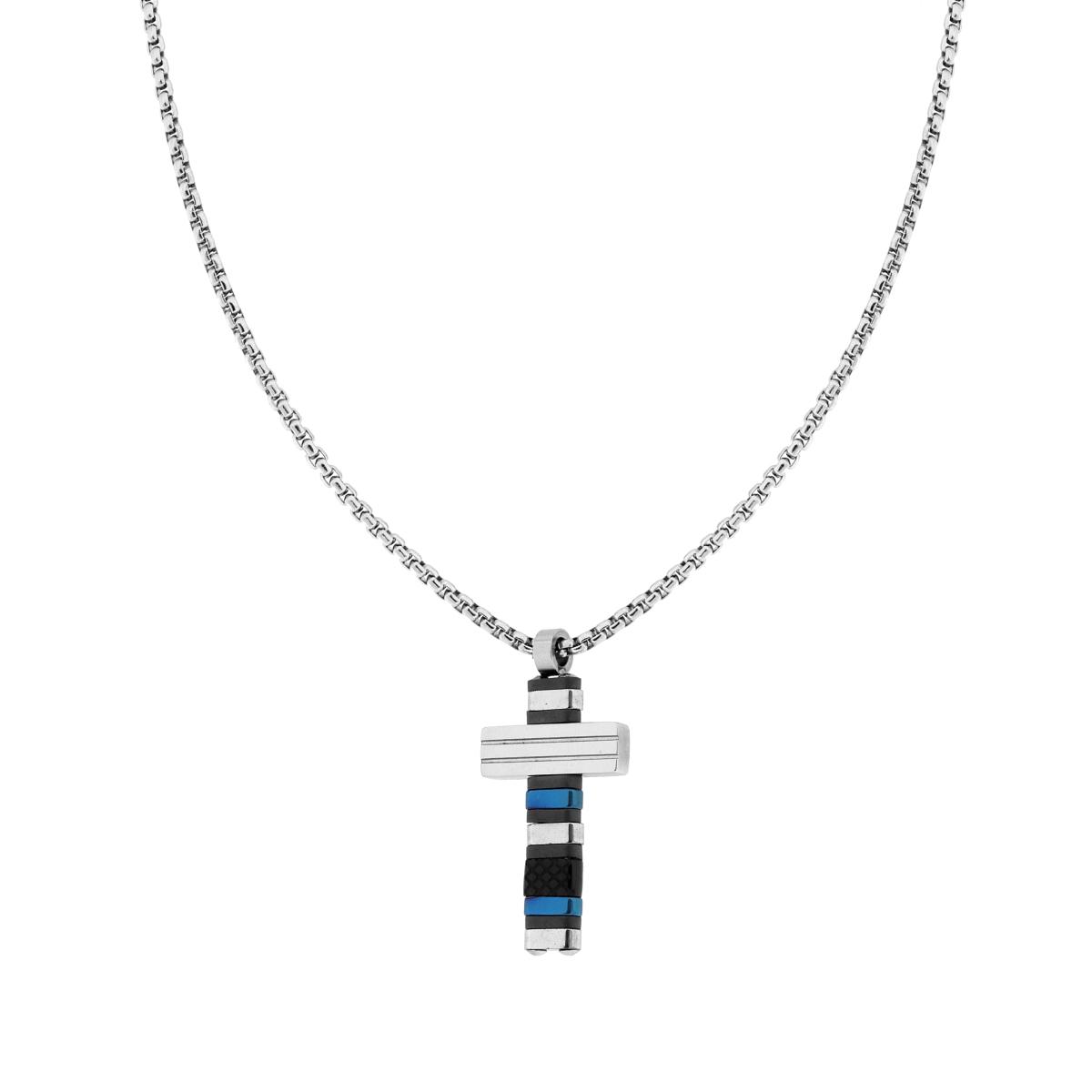 Collana Catena Veneziana Tonda con Croce con Dettagli colore Blu e Nero in ACCIAIO