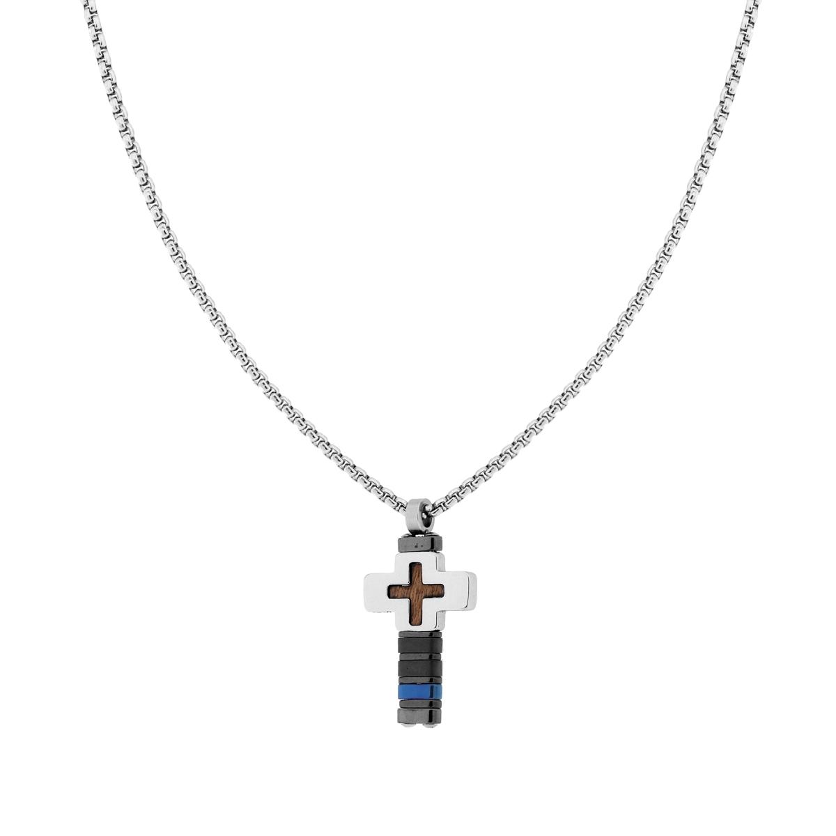 Collana Catena Veneziana Tonda con Croce con Dettagli colore Grigio e Blu e Inserto in Legno in ACCIAIO