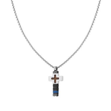 Collana Catena Veneziana Tonda con Croce con Dettagli colore Grigio e Blu e Inserto in Legno in ACCIAIO
