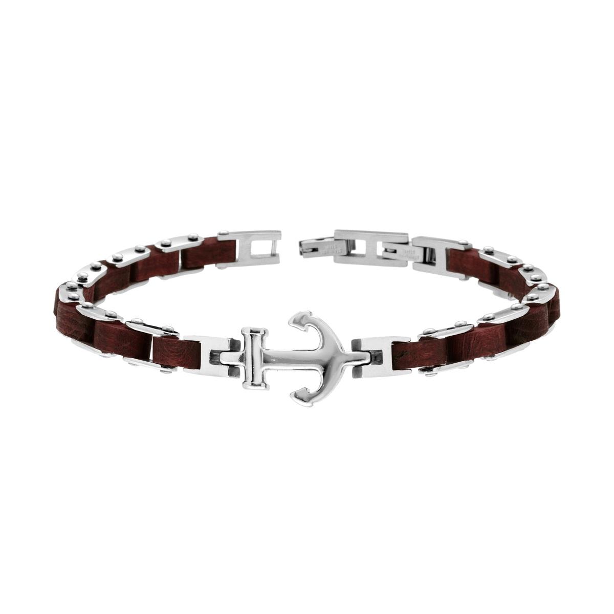 Bracciale Uomo Maglia Imperniata in Legno con Ancora in ACCIAIO