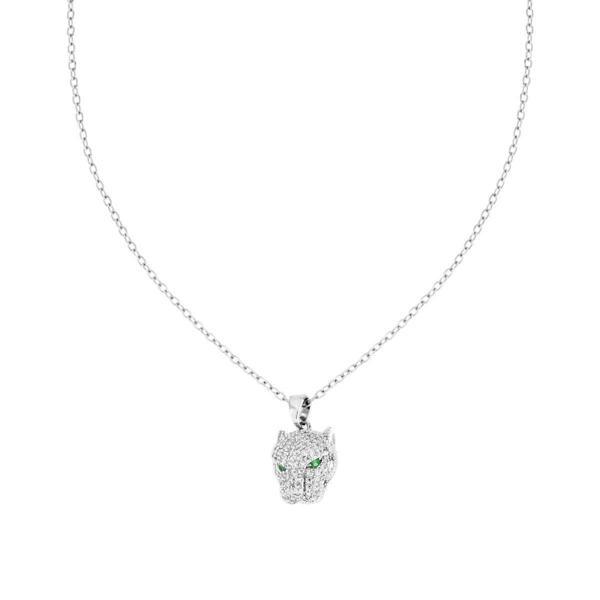 Collana Catena Forzatina Diamantata con Testa di Pantera e Crystal Bianchi e Verde Smeraldo in ACCIAIO