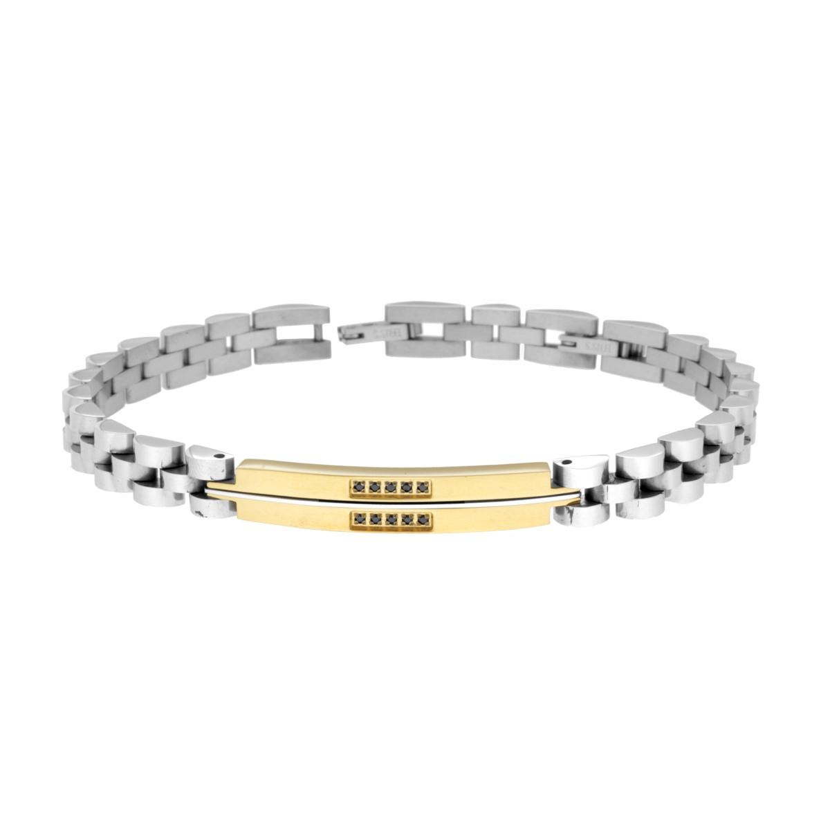 Bracciale Uomo Maglia Imperniata con Targa colore Oro e Crystal Neri in ACCIAIO