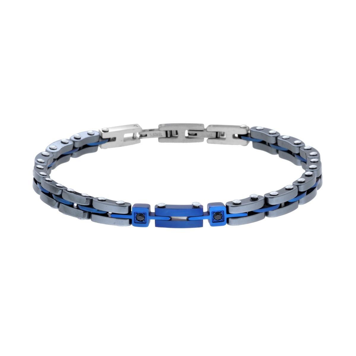 Bracciale Uomo Maglia Imperniata in Ceramica Antracite e colore Blu con Crystal Neri in ACCIAIO