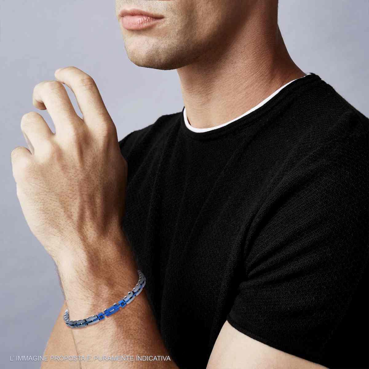 Bracciale Uomo Maglia Imperniata in Ceramica Antracite e colore Blu con Crystal Neri in ACCIAIO