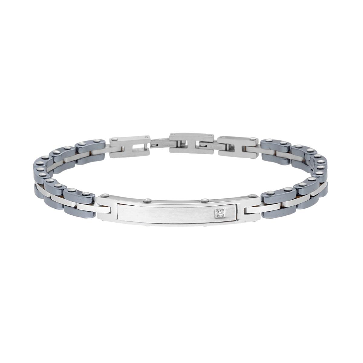 Bracciale Uomo Maglia Imperniata in Ceramica Antracite con Targa e Crystal Bianco in ACCIAIO