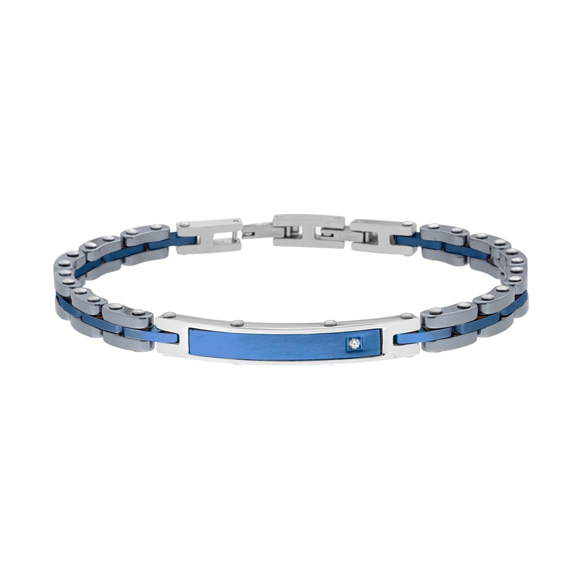 Bracciale Uomo Maglia Imperniata in Ceramica Antracite con Targa colore Blu e Crystal Bianco in ACCIAIO