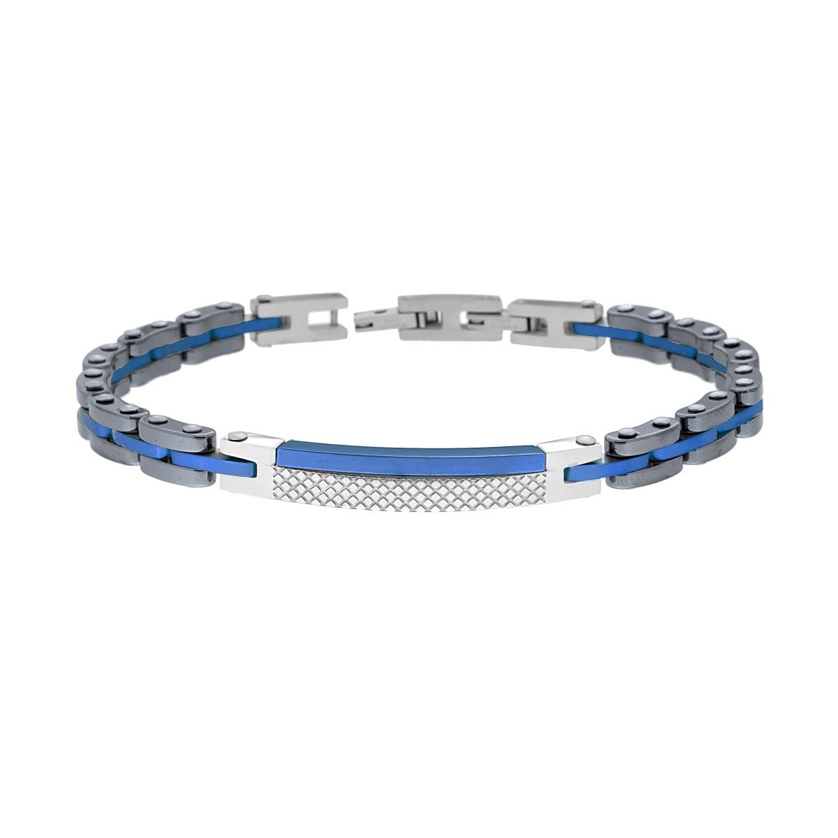 Bracciale Uomo Maglia Imperniata in Ceramica Antracite e Blu con Targa in ACCIAIO