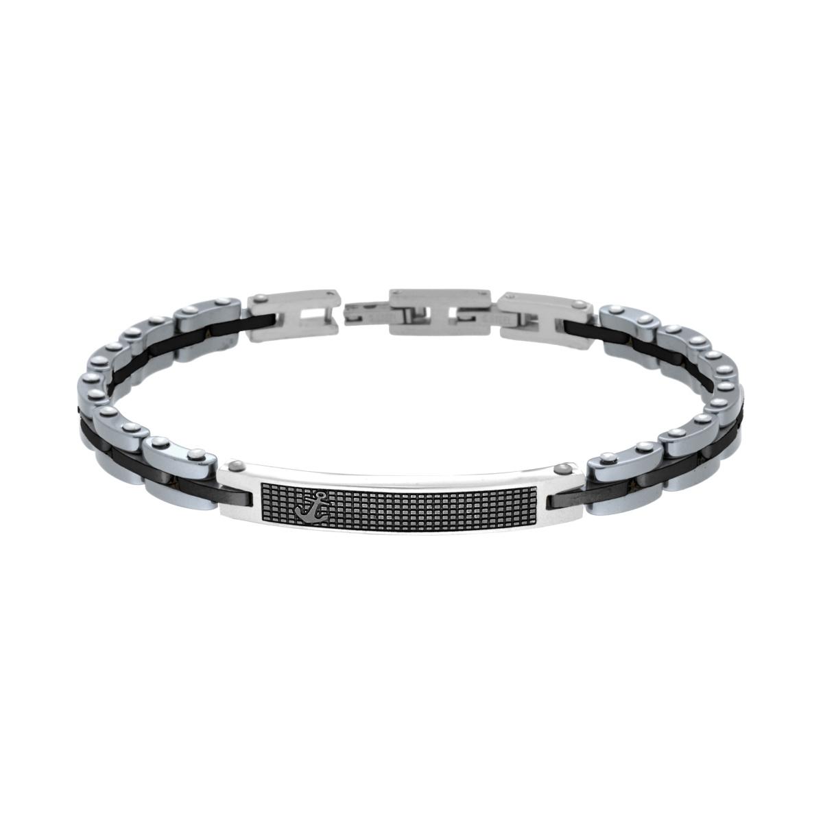 Bracciale Uomo Maglia Imperniata con Ceramica Antracite Targa Nero e Ancora in ACCIAIO