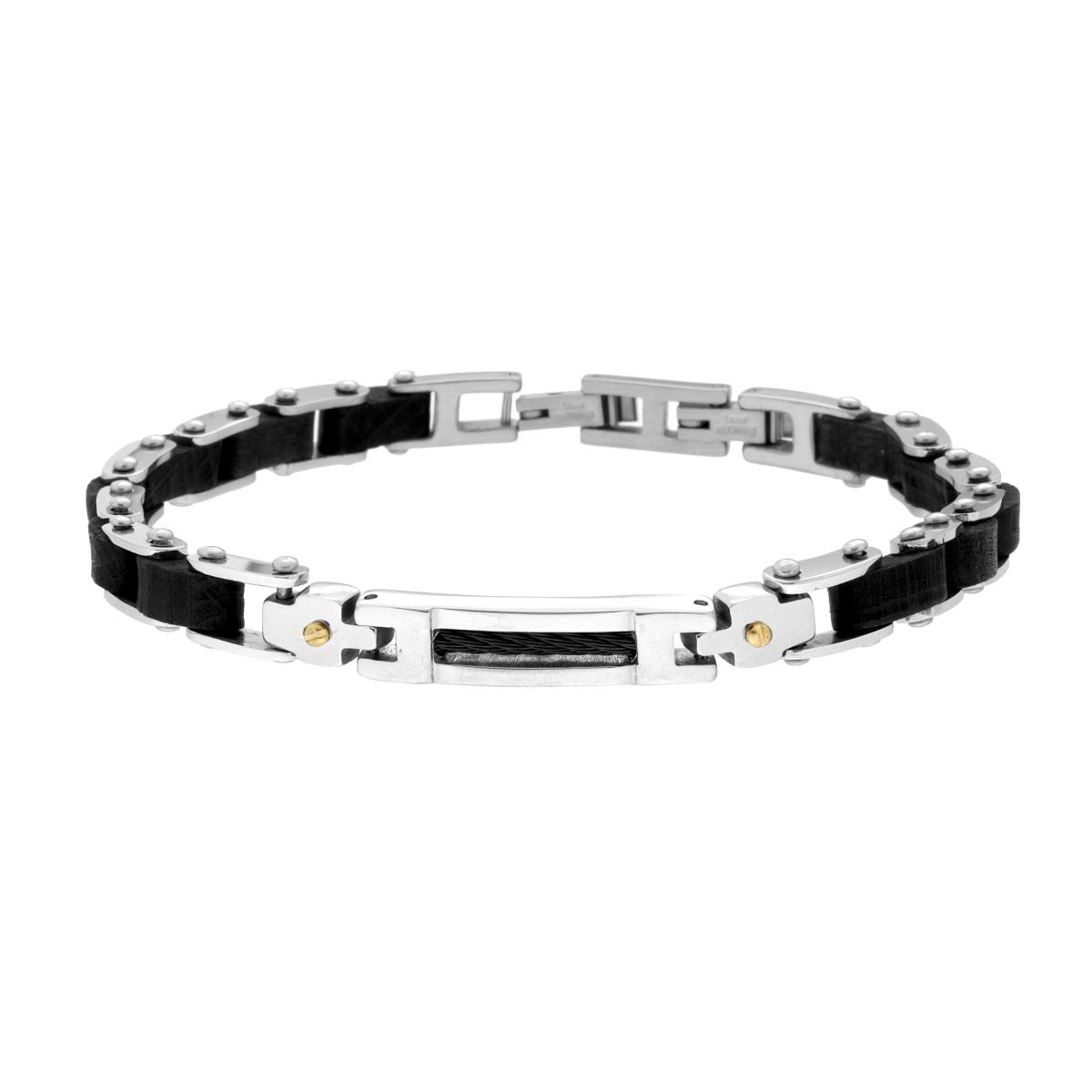 Bracciale Uomo Maglia Imperniata in Legno Nero con Targa con Fume Nera in ACCIAIO