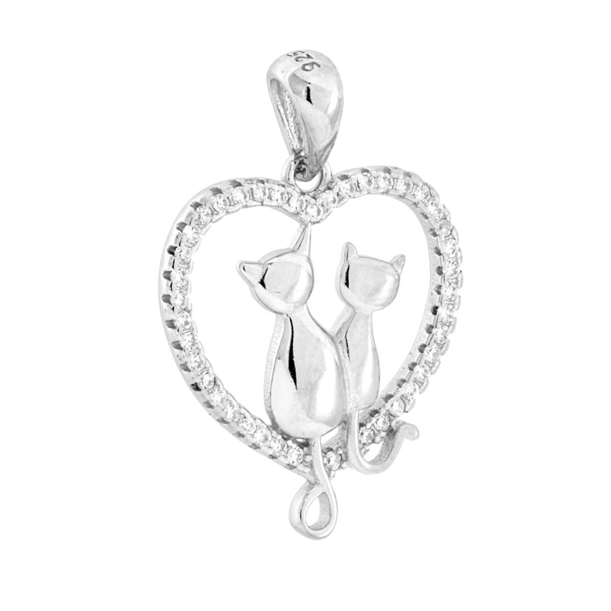 Ciondolo Gatti Cuore con Cubic Zirconia Bianchi in ARGENTO 925 Galvanica Rodio