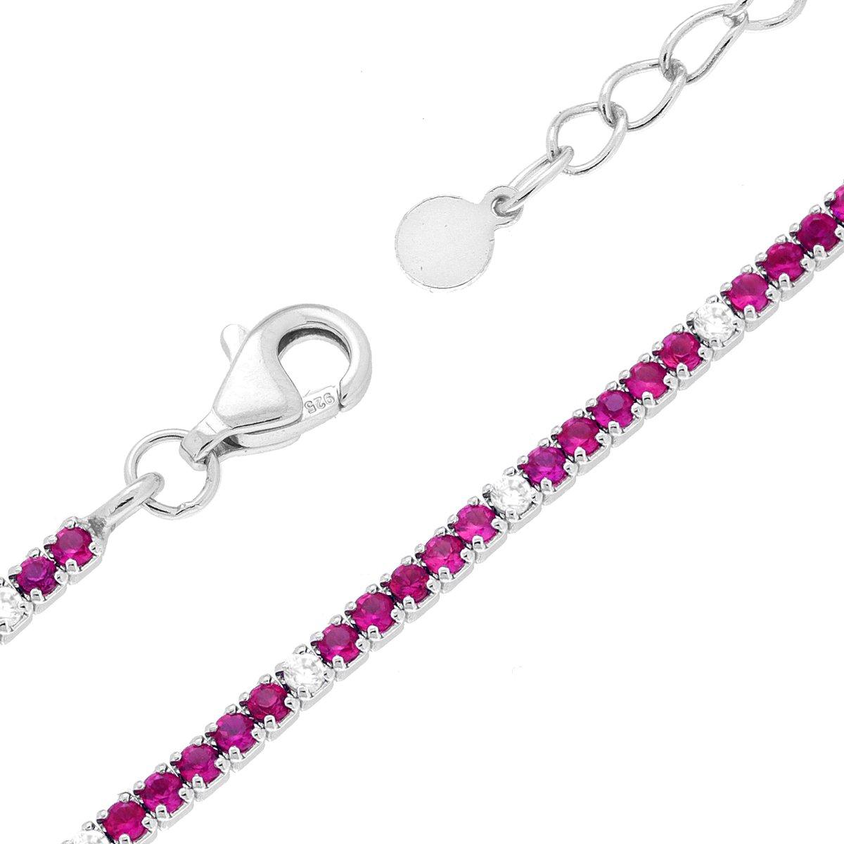 Bracciale Tennis Griffe cm 16+3 con Zirconi mm 1.5 Rosso Rubino e Bianco alternati in ARGENTO 925 Galvanica Rodio