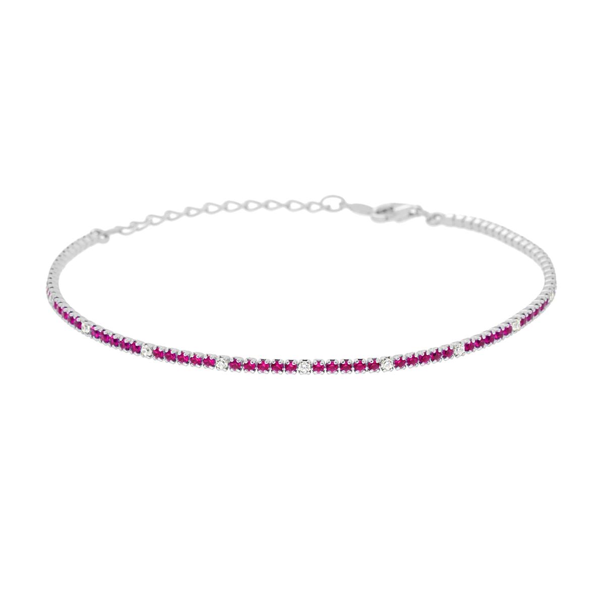 Bracciale Tennis Griffe cm 16+3 con Zirconi mm 1.5 Rosso Rubino e Bianco alternati in ARGENTO 925 Galvanica Rodio