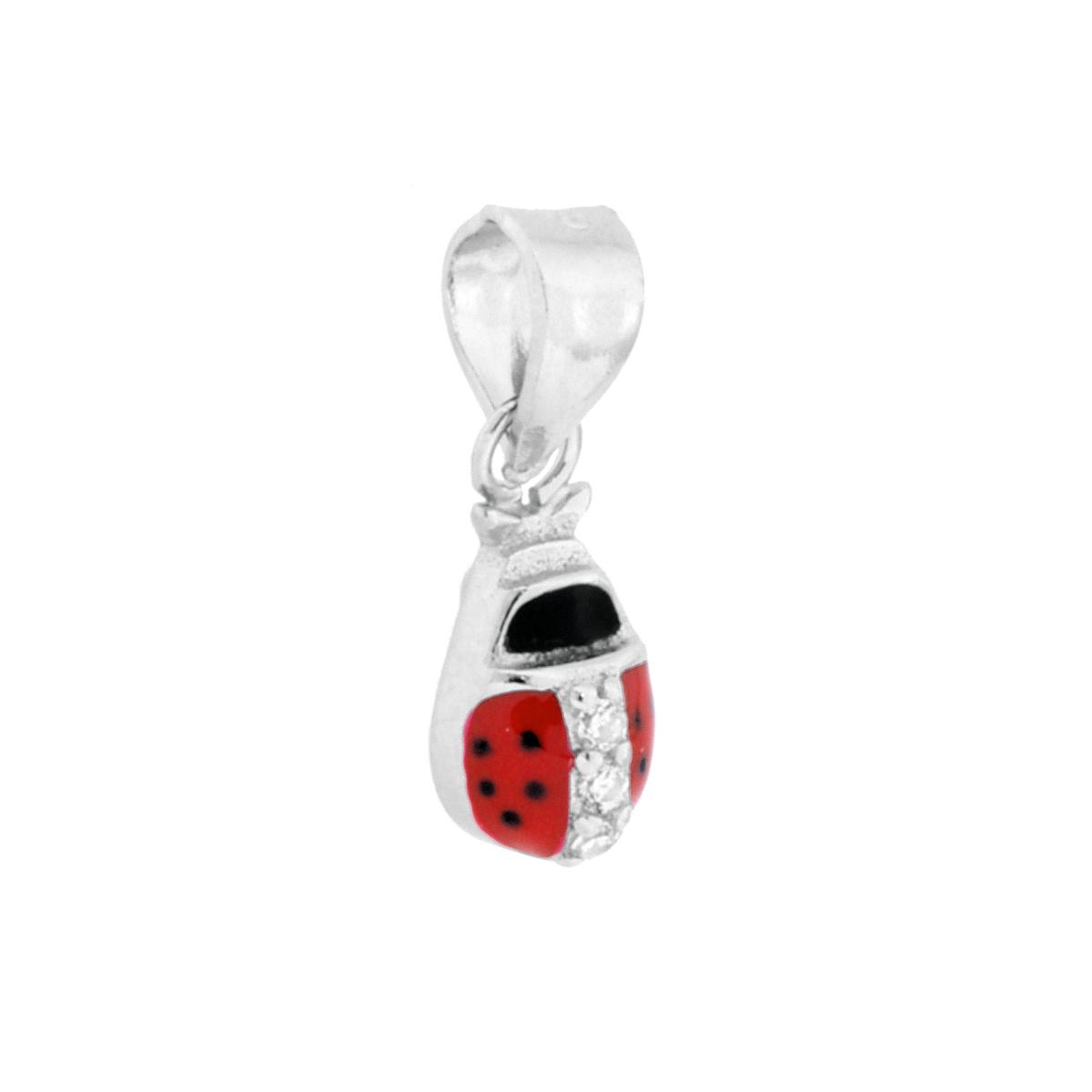 Ciondolo Coccinella con Smalto Rosso e Cubic Zirconia Bianchi in ARGENTO 925 Galvanica Rodio