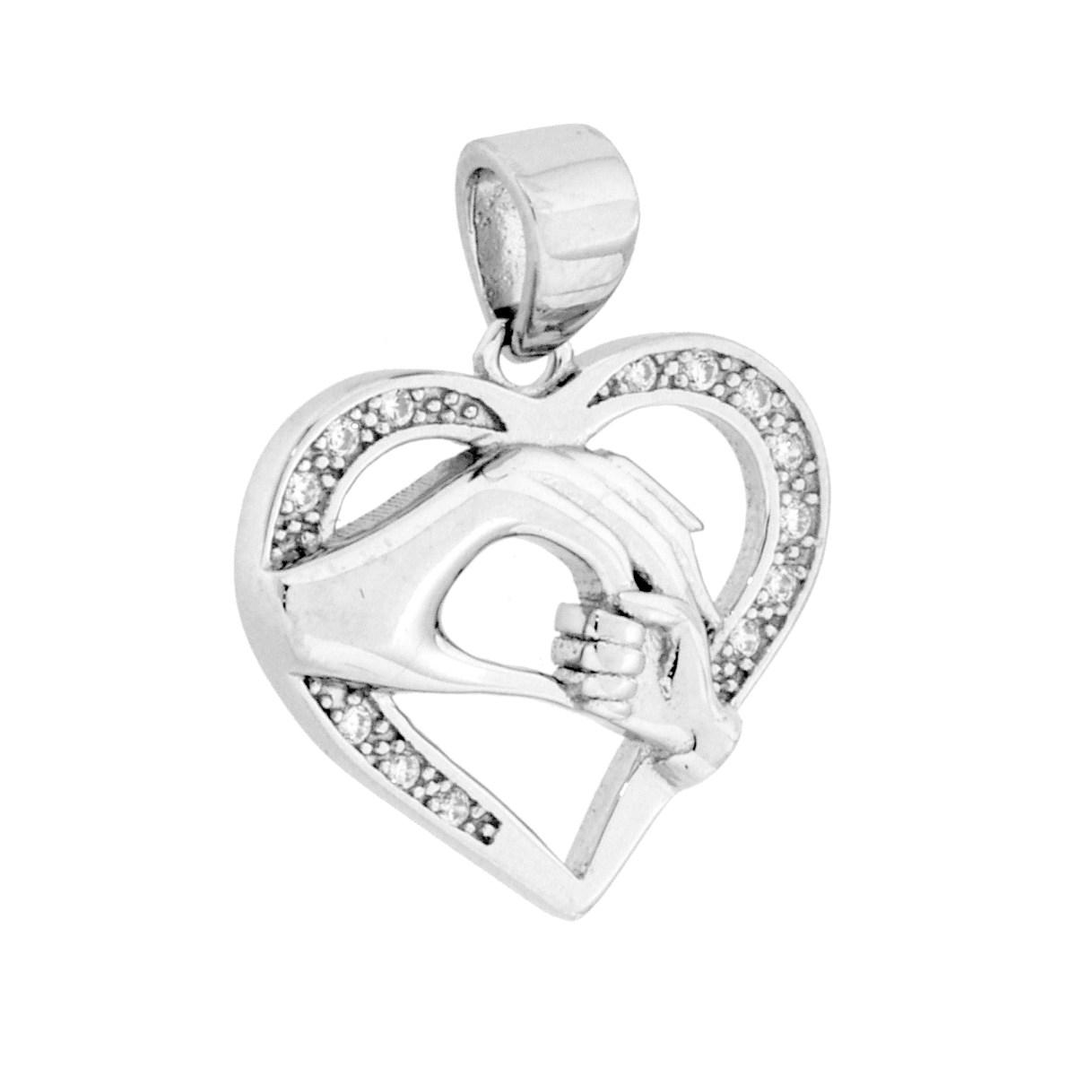 Ciondolo Cuore con Mano Mamma e Mano Bimbo con Cubic Zirconia Bianchi in ARGENTO 925 Galvanica Rodio